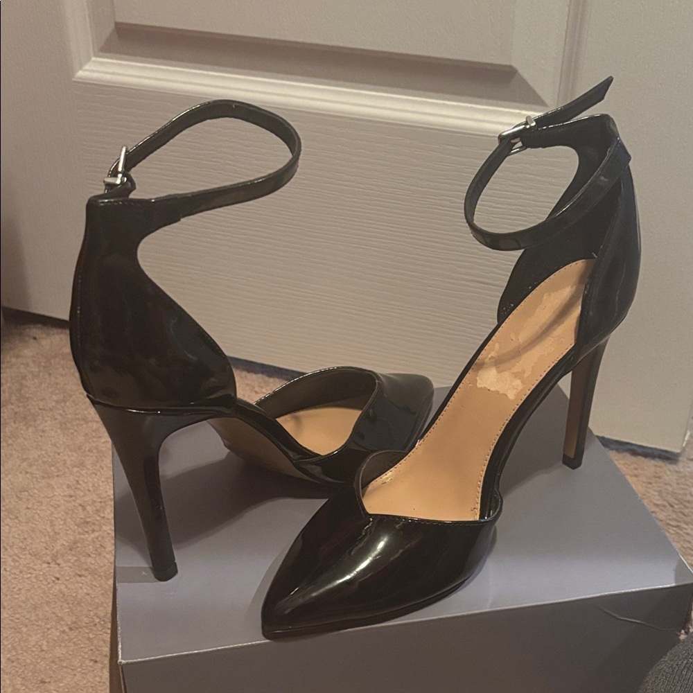 Express Black Patent Ankle Strap Heels